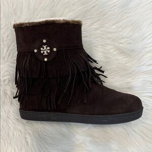 Tory Burch Fringe Shearling Suede Ankle Boots Brown Size 10